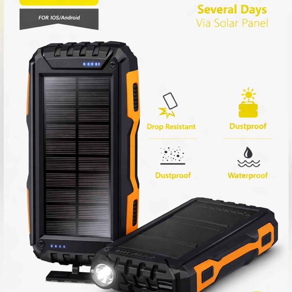 Solar Power Bank Portable Charger Waterproof Outdoor iPhone Android Camping NEW